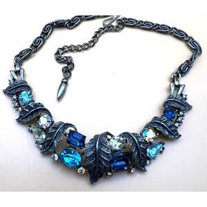 Vintage MCM 50s Coro leaf motif multi color rhinestone AB choker style necklace
